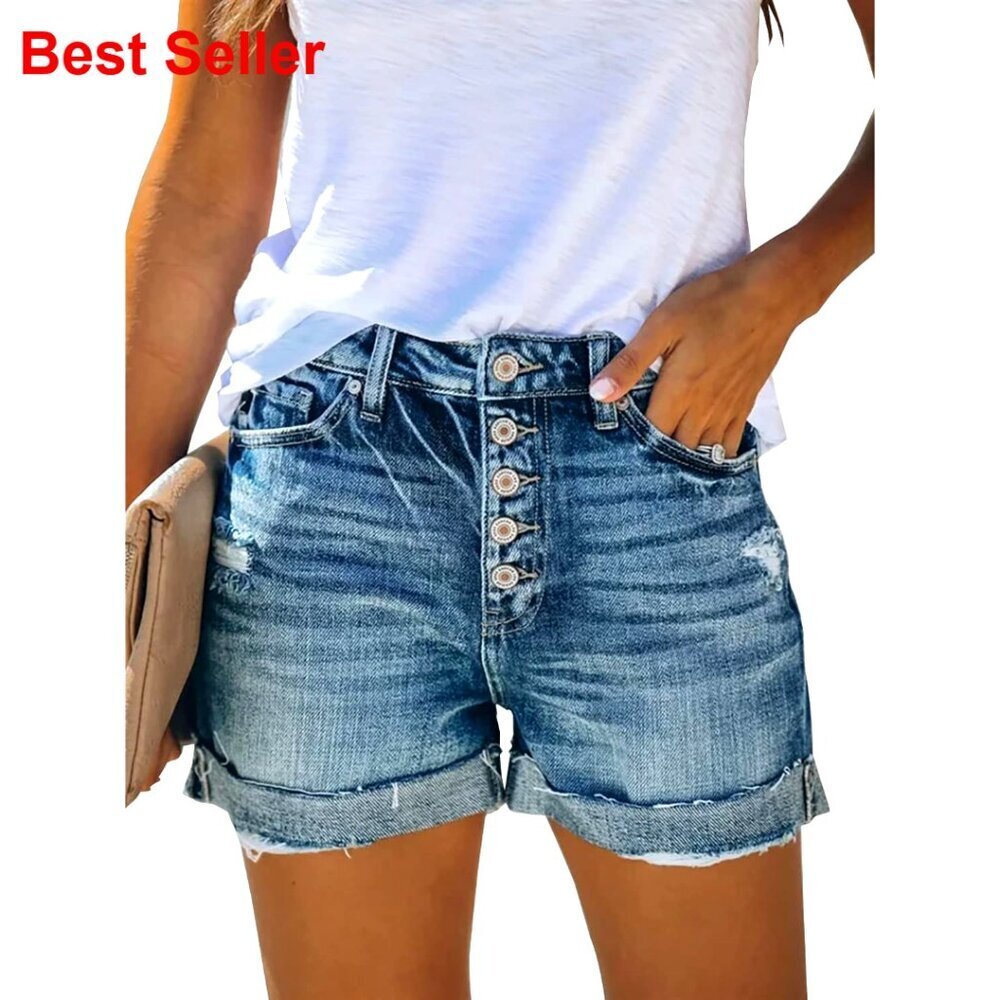 High Waist Ripped Denim Shorts Stretchy Distressed Cut Off